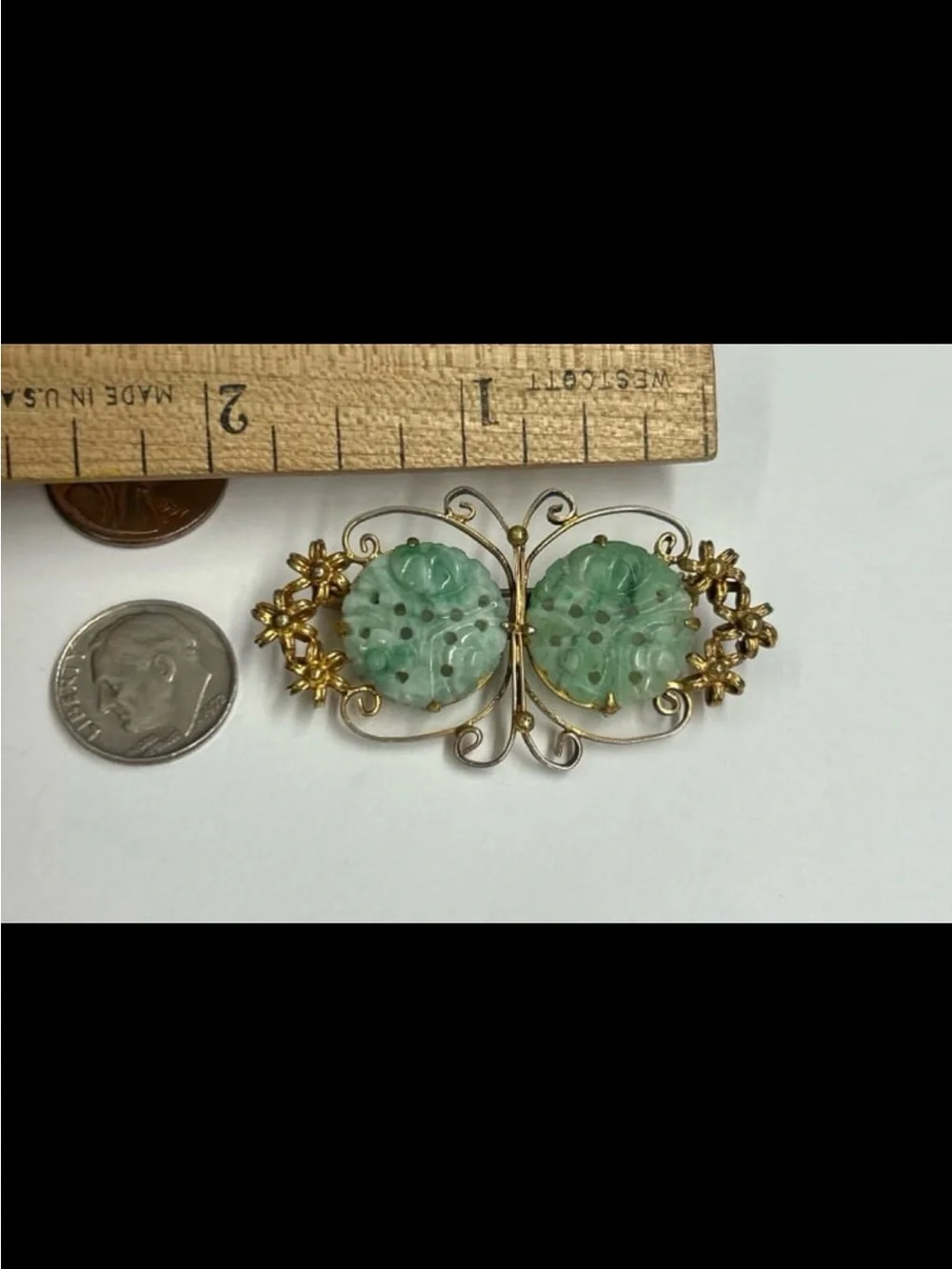 Chinese Export Gold Vermeil Filigree Silver Carved Jade Jadeite butterfly pin